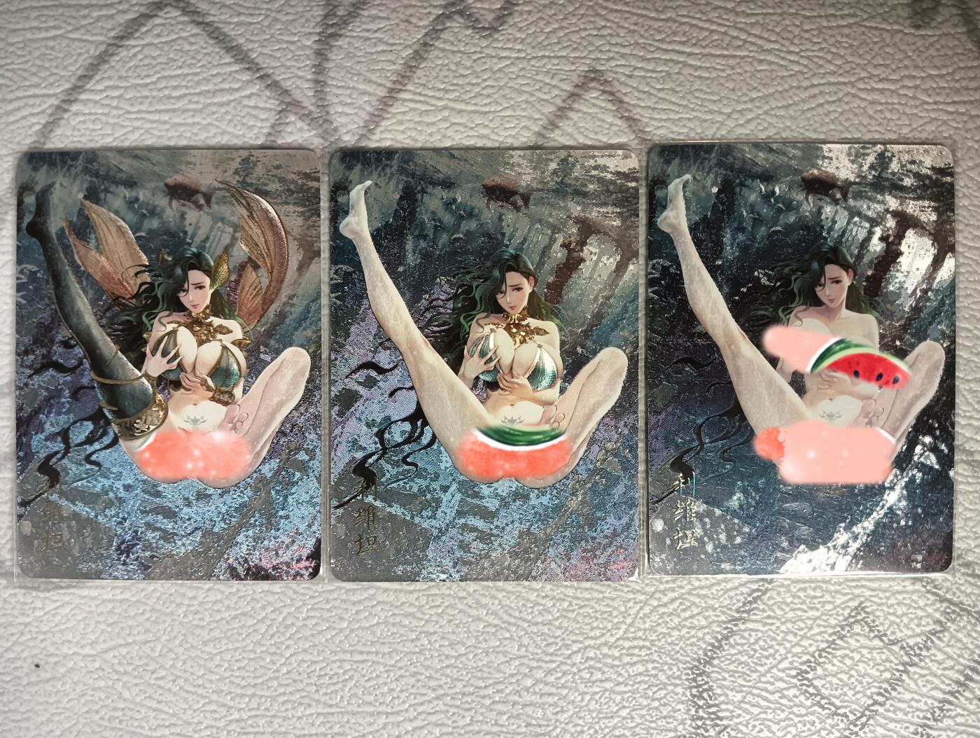 花开卡拍第35期（8月24号周日截拍，品控勿拍!!!拍品不寄存，运费5元，自制卡难免瑕疵，可能存在轻微撞角爆边等出厂瑕疵，品控介意勿拍！） 焱卡文化七宗罪第一弹嫉妒利维坦一套三张（幻粗正常，粗闪少衣，粗闪圣光版）