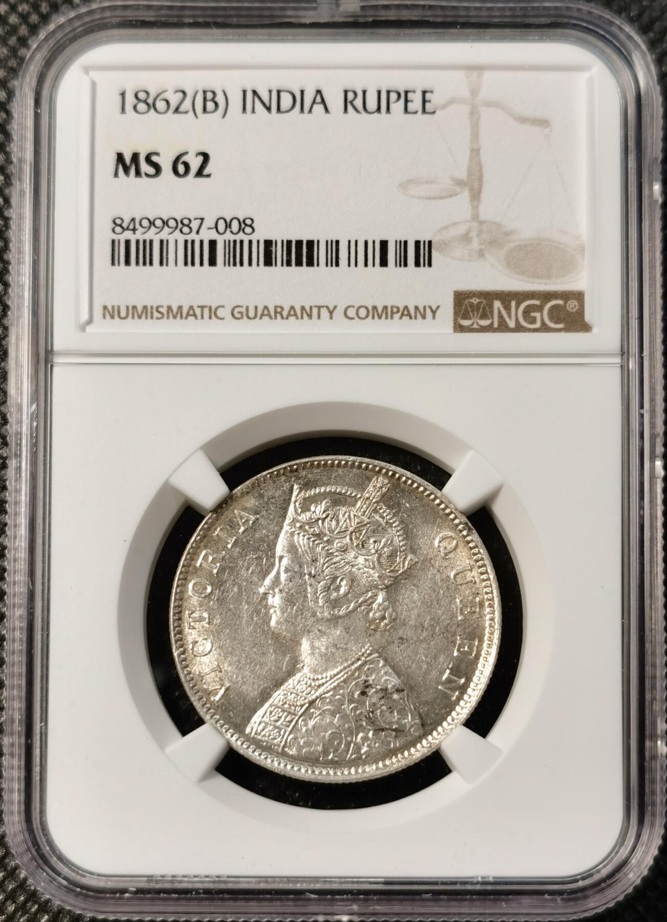 甄臻铺-世界币章拍卖（第30期），送拍享返佣金等优惠多多 NGC-MS62 1862年英属印度维多利亚卢比