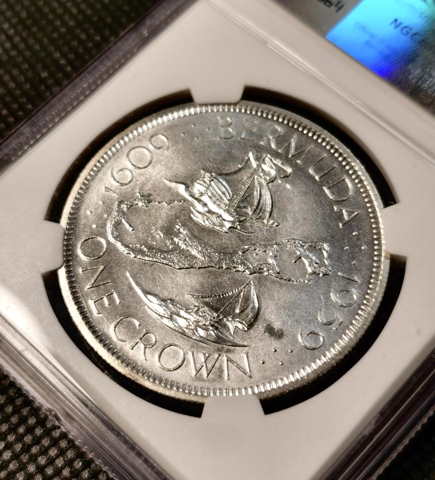 甄臻铺-世界币章拍卖（第30期），送拍享返佣金等优惠多多 NGC-MS67 百慕大1959年伊丽莎白二世1克朗纪念大银币，英国海外自治领地独立发行的首枚钱币，纪念百慕大发现350周年，极品高分