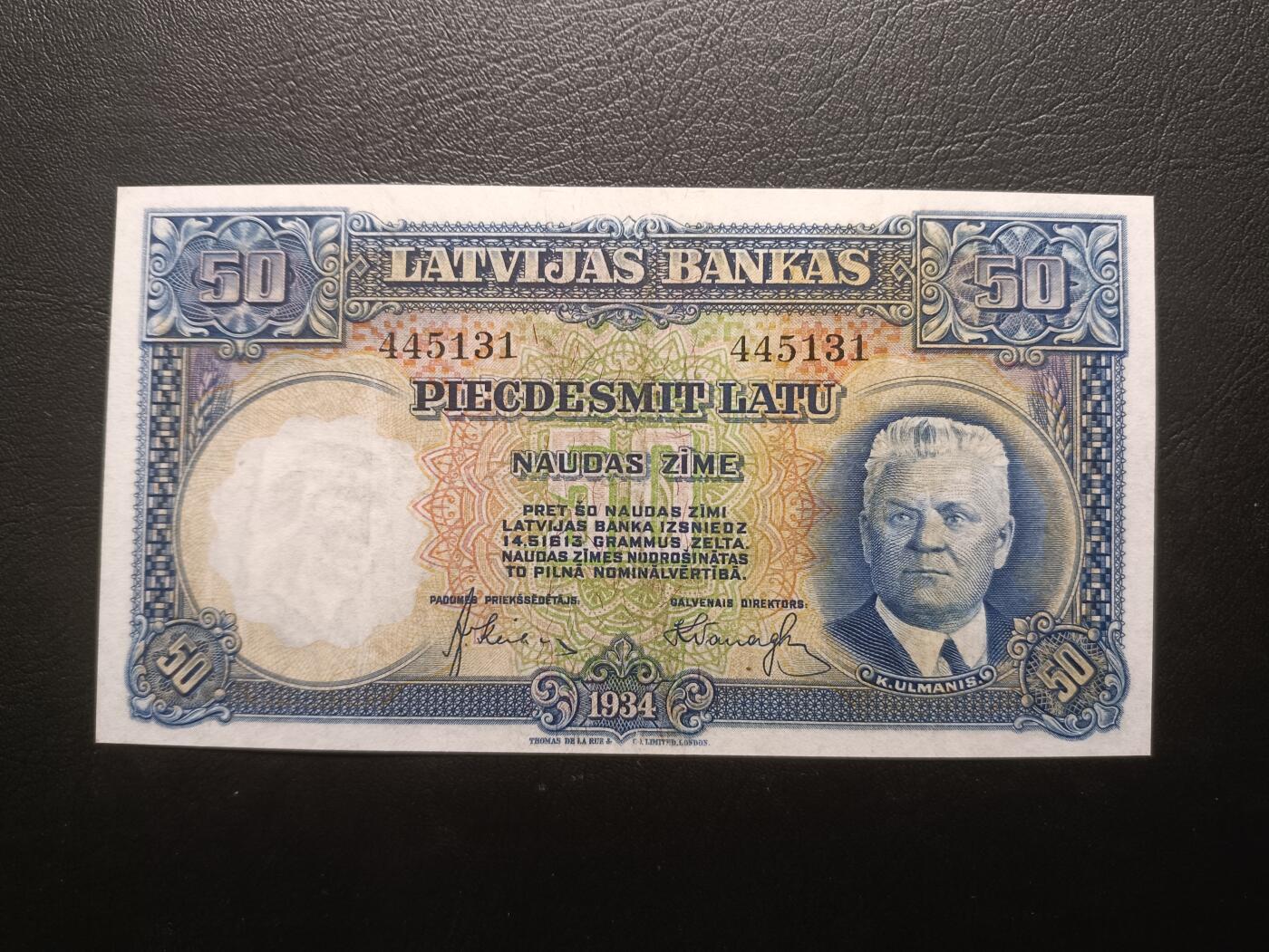 2025八月第四期（总189期） 拉脱维亚1934版50拉特AUNC，政治家阿尔曼尼斯和国徽