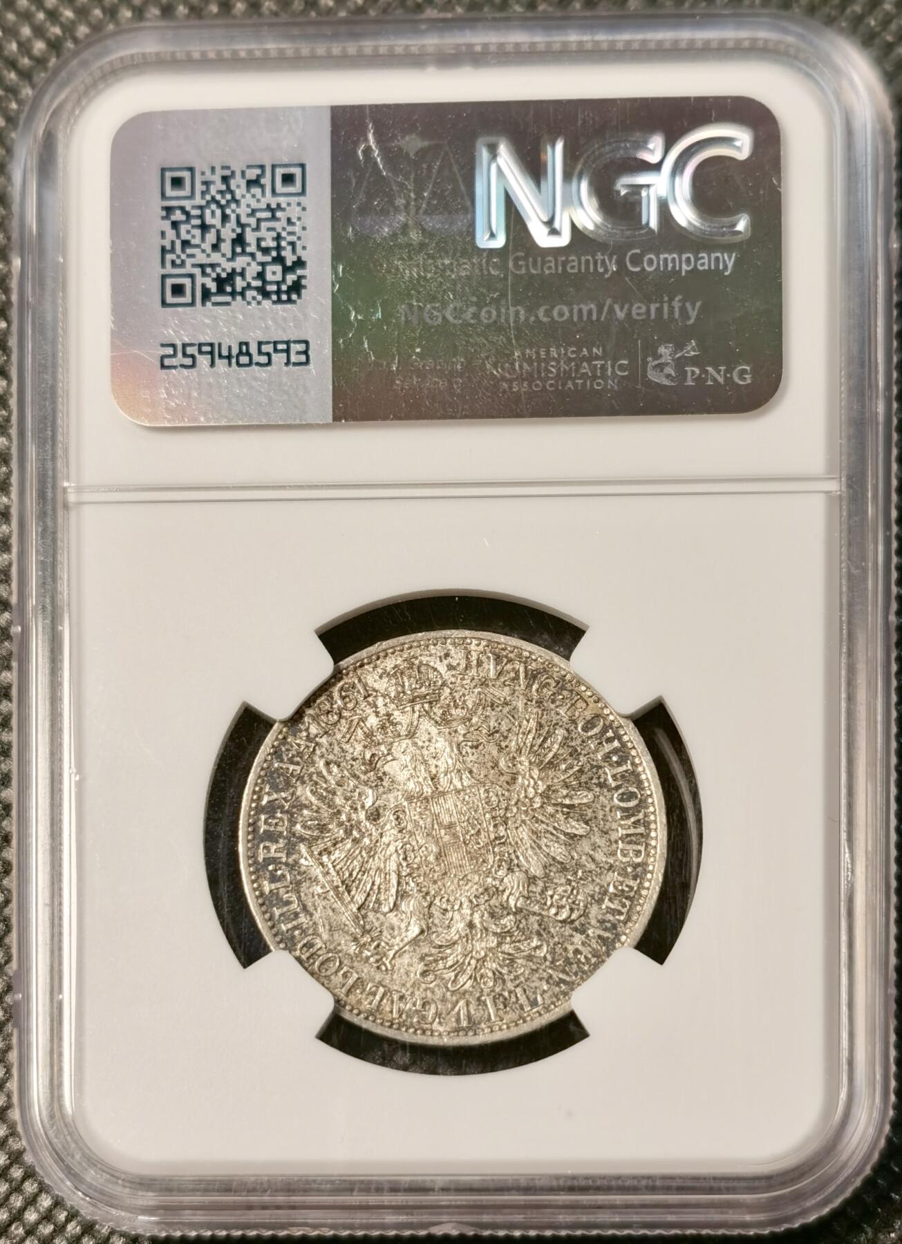 甄臻铺-世界币章拍卖（第30期），送拍享返佣金等优惠多多 NGC -MS63 1861年奥地利帝国弗朗茨一世1福林