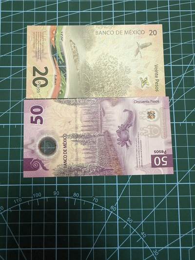 【炜奕收藏】，第四十二期 墨西哥20-50比索两张塑料钞，UNC品相，均为AA冠，50比索为IBNS获奖钞