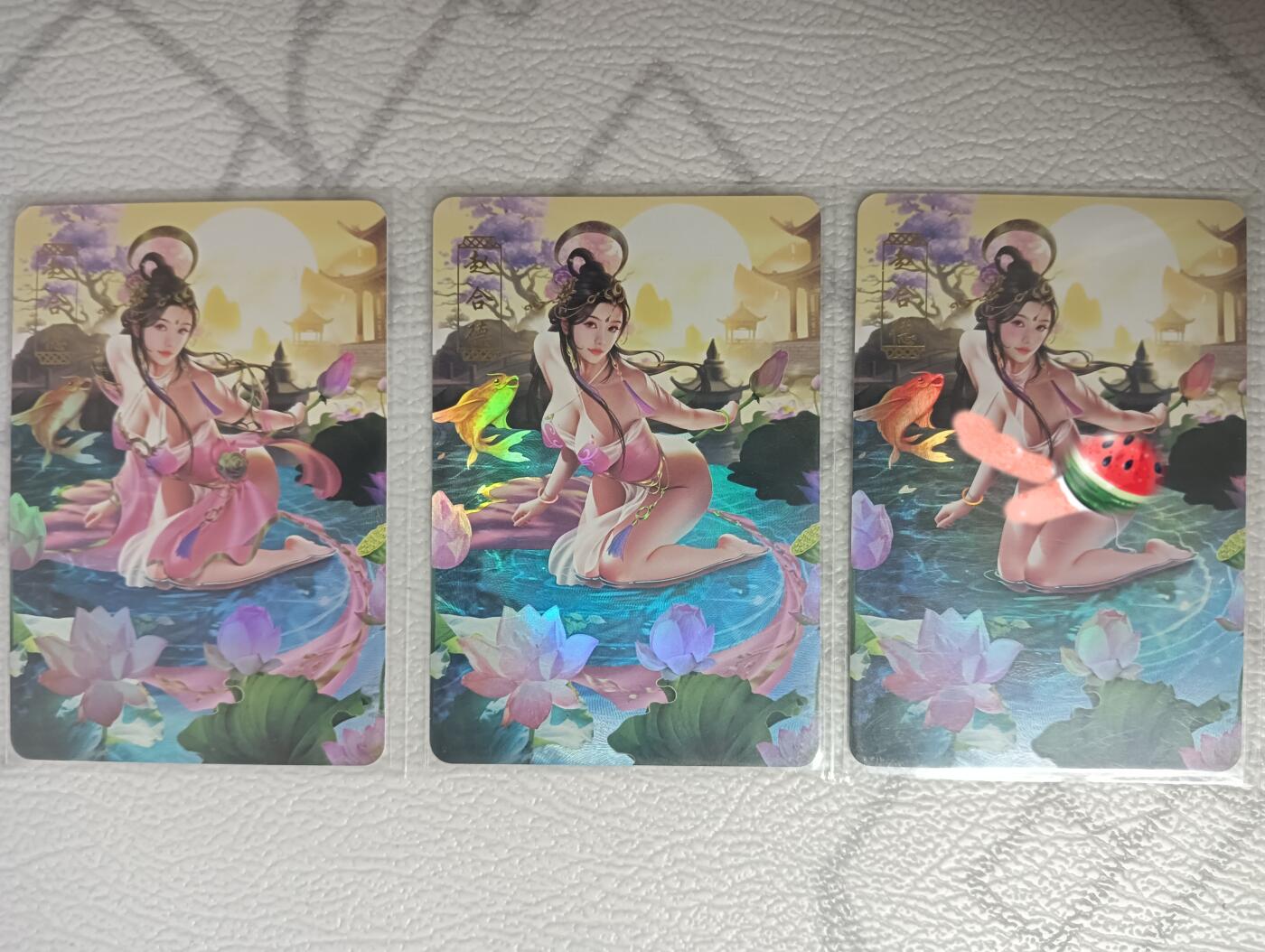花开卡拍第35期（8月24号周日截拍，品控勿拍!!!拍品不寄存，运费5元，自制卡难免瑕疵，可能存在轻微撞角爆边等出厂瑕疵，品控介意勿拍！） 绝代巾帼 赵合德三张彩闪（正常，少衣，艺术版）