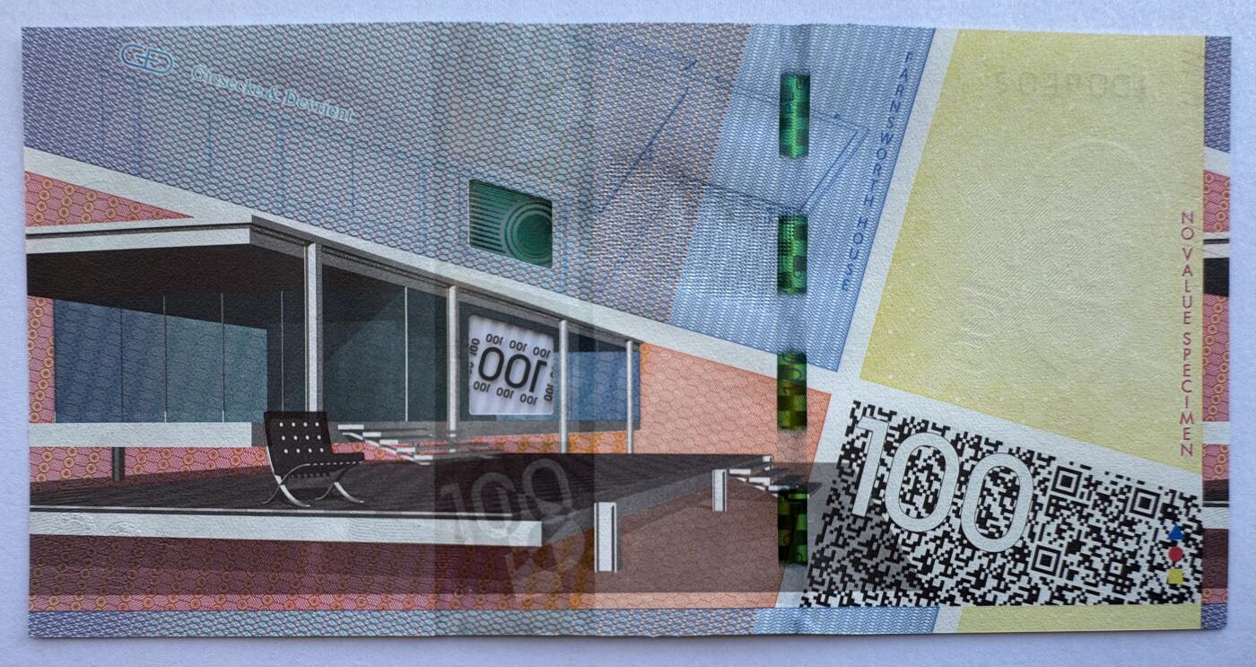 2025第21场（总第221期）：精品纪念券、测试钞、迪斯尼纸币综合场  捷德G&D 美国建筑师“路德维希·密斯·凡德罗——魏玛包豪斯大学”100面值开窗式塑料安全线测试钞UNC