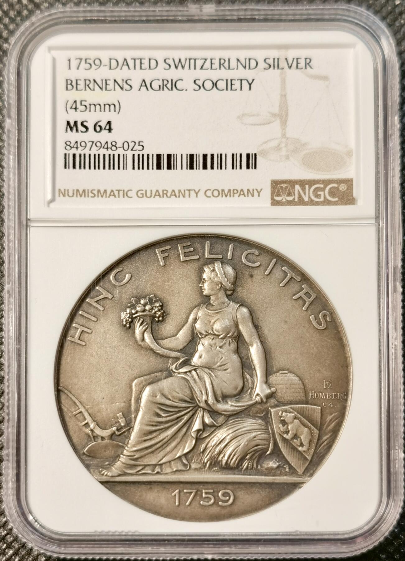 甄臻铺-世界币章拍卖（第30期），送拍享返佣金等优惠多多 NGC-MS64 1759年瑞士伯尔尼农业协会银章，直径45毫米，正面刻有