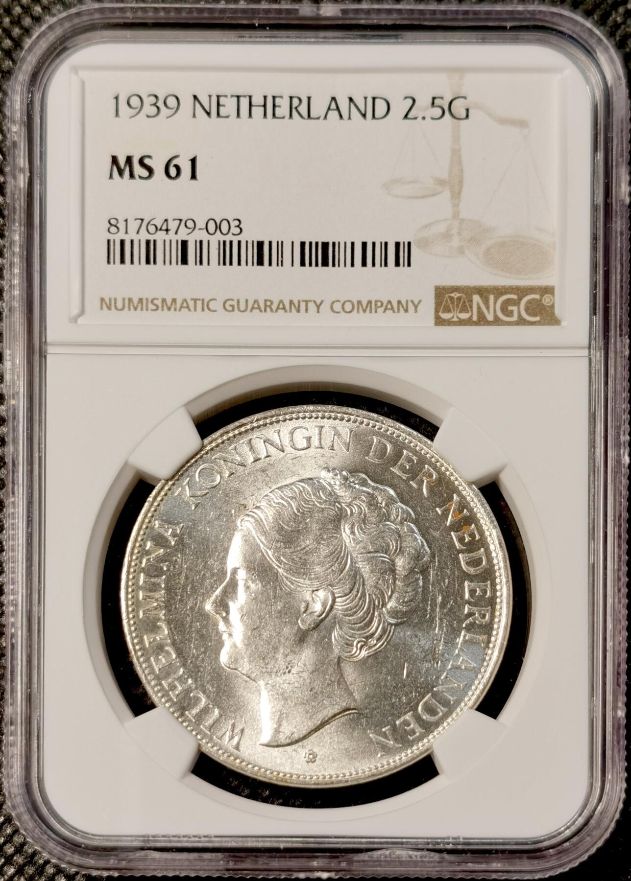 甄臻铺-世界币章拍卖（第30期），送拍享返佣金等优惠多多 NGC -MS61 荷兰1939威廉明娜女王2.5盾银币