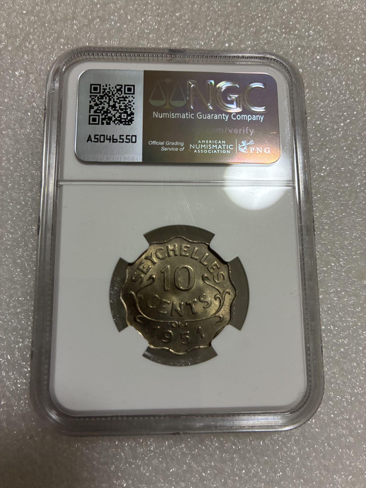 NGC MS65 英属塞舌尔 1951年 乔治六世 花边 10分