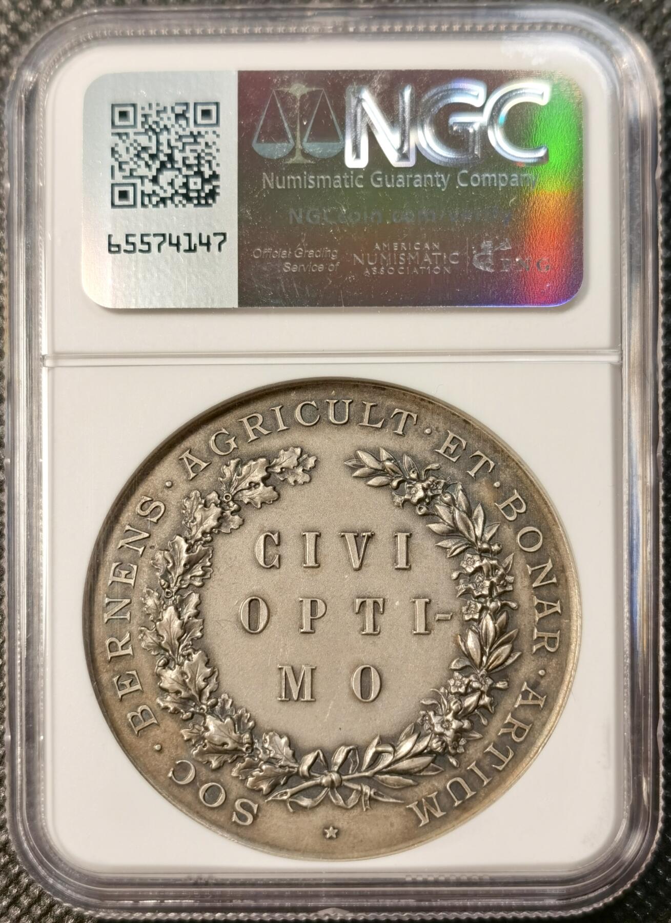 甄臻铺-世界币章拍卖（第30期），送拍享返佣金等优惠多多 NGC-MS64 1759年瑞士伯尔尼农业协会银章，直径45毫米，正面刻有