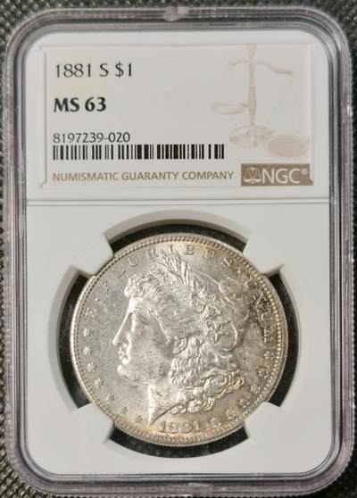 甄臻铺-世界币章拍卖（第30期），送拍享返佣金等优惠多多 - NGC-MS63 美国1881年S版摩根银币，人像边缘一抹迷人的原味彩，性价比很高