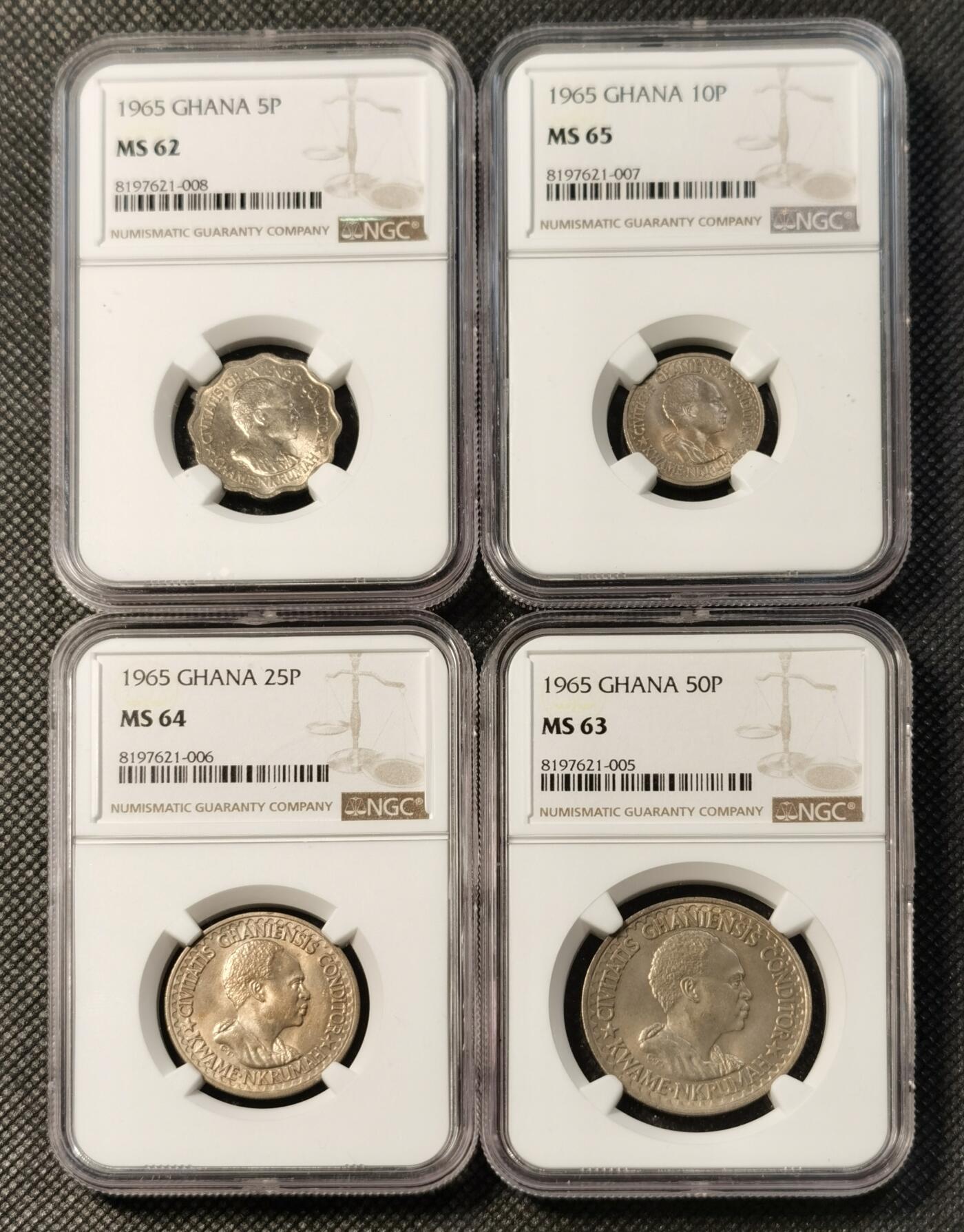 甄臻铺-世界币章拍卖（第30期），送拍享返佣金等优惠多多 NGC-MS62-65 1965年加纳5、10、25、50P一组，少见品种