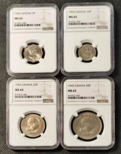 甄臻铺-世界币章拍卖（第30期），送拍享返佣金等优惠多多 - NGC-MS62-65 1965年加纳5、10、25、50P一组，少见品种
