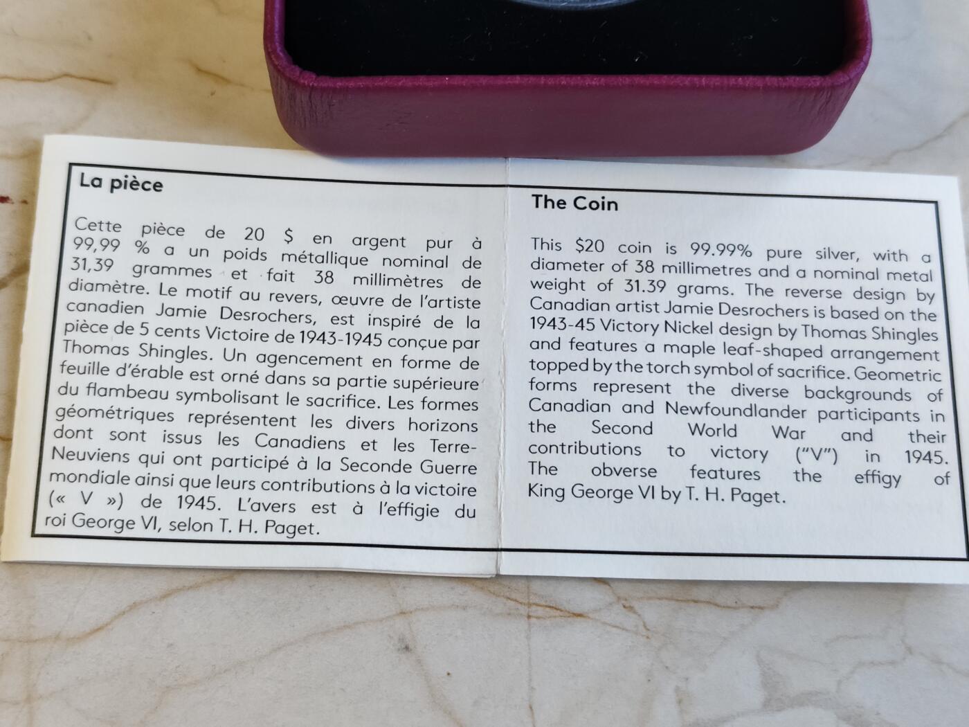 第173期拍卖【长期征集拍品】 加拿大2020年二战前线系列10欧洲胜利日1盎司银币，9999银，发行7500枚