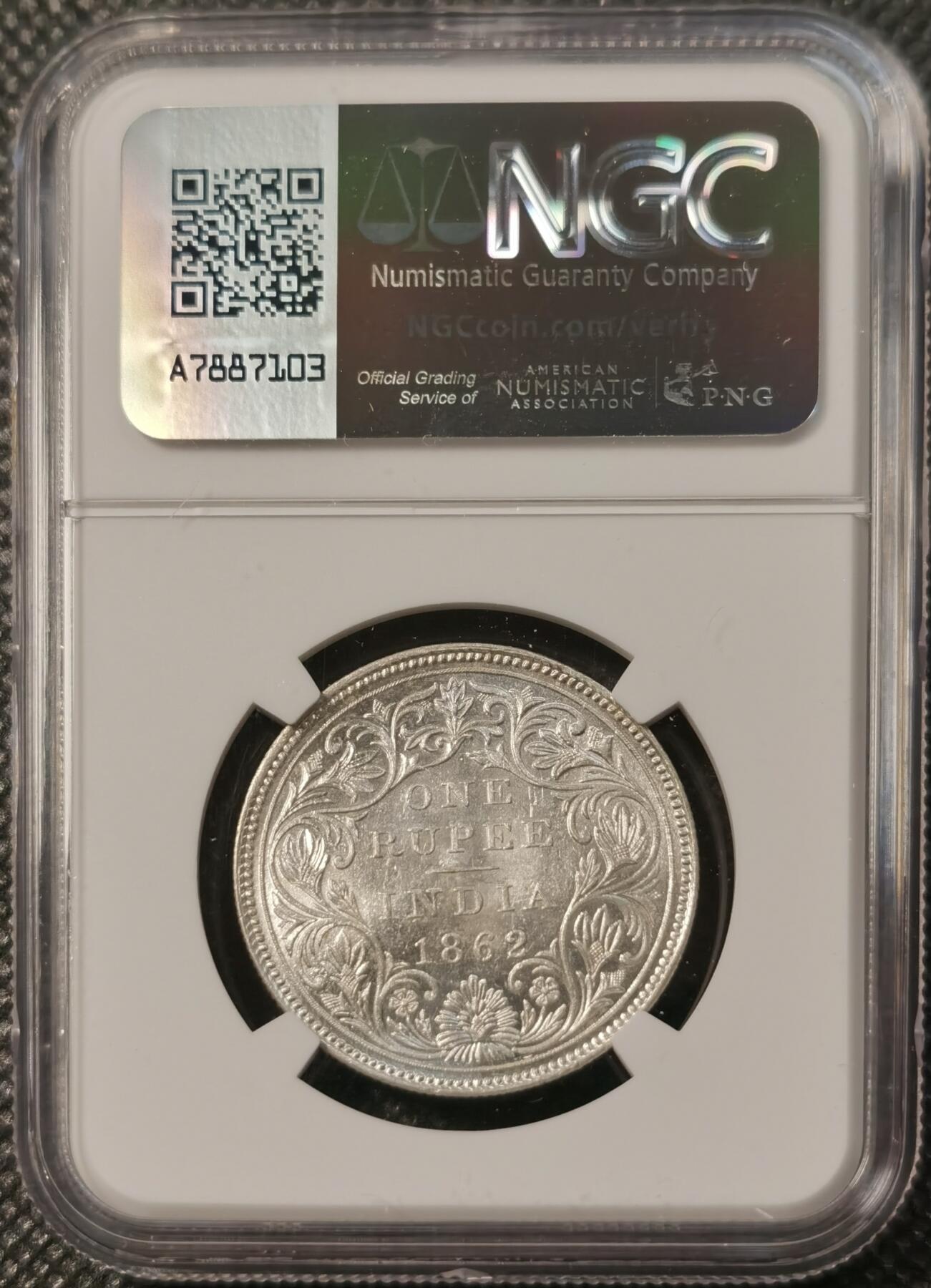 甄臻铺-世界币章拍卖（第30期），送拍享返佣金等优惠多多 NGC-MS62 1862年英属印度维多利亚卢比