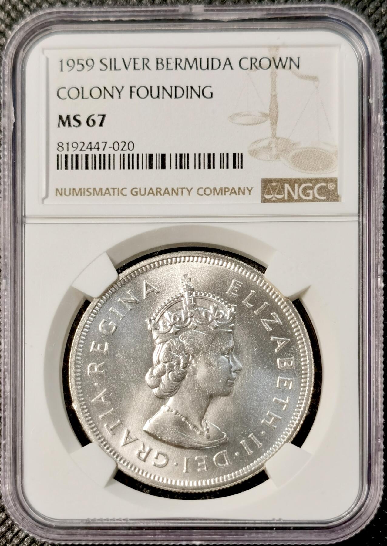 甄臻铺-世界币章拍卖（第30期），送拍享返佣金等优惠多多 NGC-MS67 百慕大1959年伊丽莎白二世1克朗纪念大银币，英国海外自治领地独立发行的首枚钱币，纪念百慕大发现350周年，极品高分