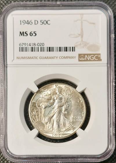 甄臻铺-世界币章拍卖（第30期），送拍享返佣金等优惠多多 - NGC-MS65 1946年D版美国行走女神半美元，高分卷拆