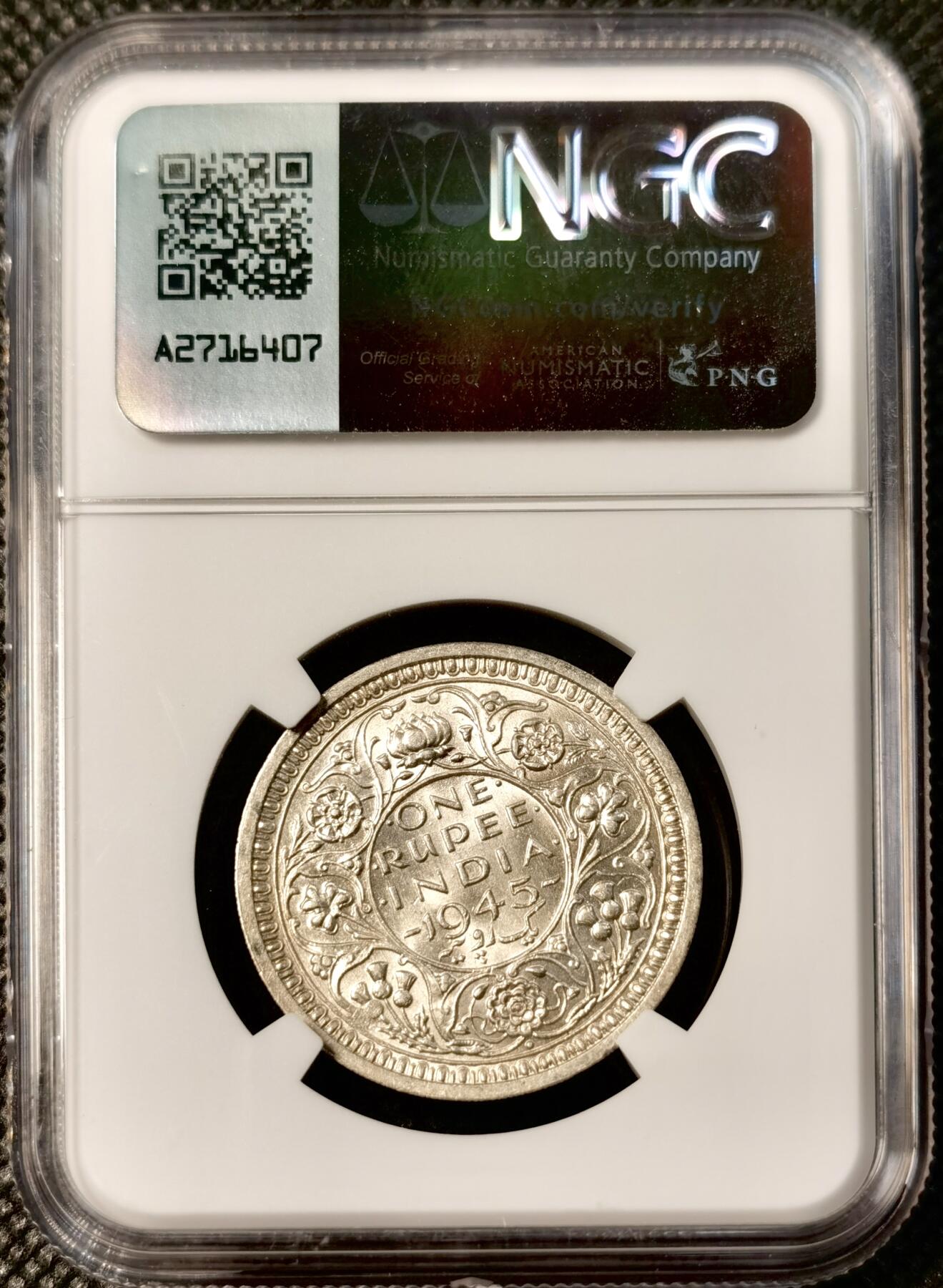 甄臻铺-世界币章拍卖（第30期），送拍享返佣金等优惠多多 NGC -MS63 英属印度1945乔六1卢比