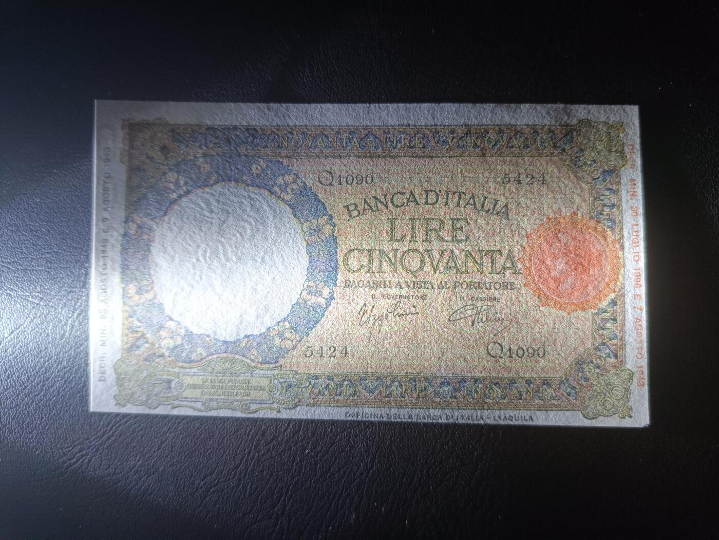 2025八月第四期（总189期） 意大利1943年50里拉UNC-，罗马城狼孩的雕塑
