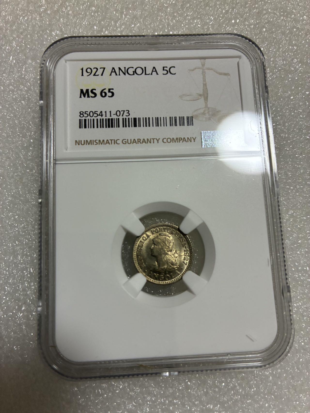 NGC MS65 葡属安哥拉 1927年 5分/1马库塔 双面值