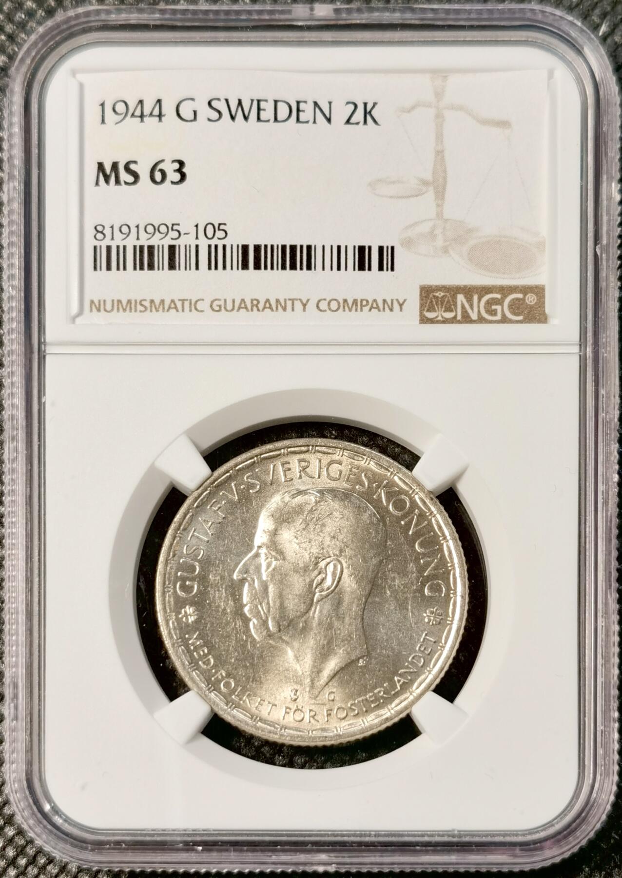 甄臻铺-世界币章拍卖（第30期），送拍享返佣金等优惠多多 NGC- MS63 瑞典1944年古斯塔夫五世2克朗银币