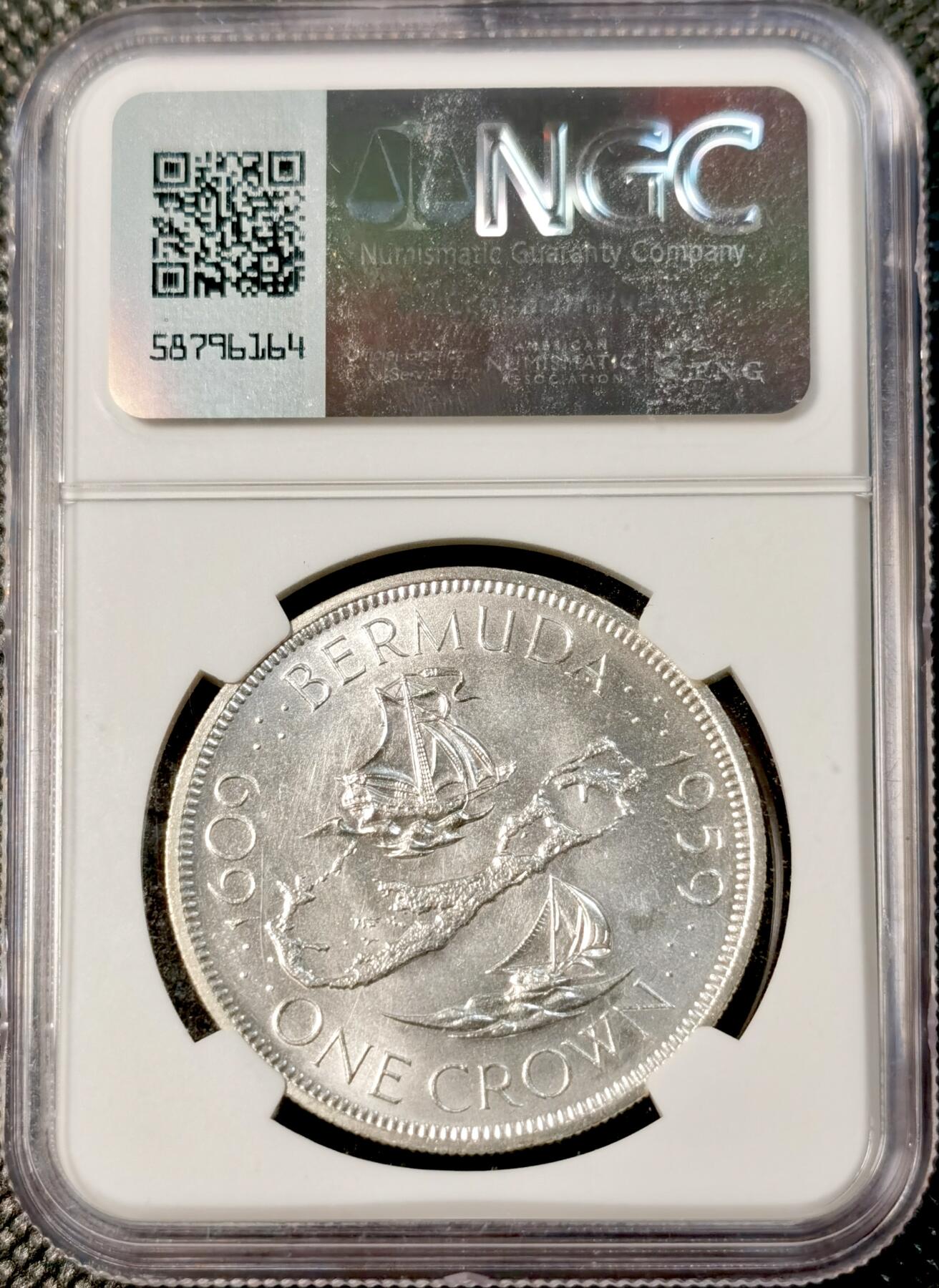 甄臻铺-世界币章拍卖（第30期），送拍享返佣金等优惠多多 NGC-MS67 百慕大1959年伊丽莎白二世1克朗纪念大银币，英国海外自治领地独立发行的首枚钱币，纪念百慕大发现350周年，极品高分