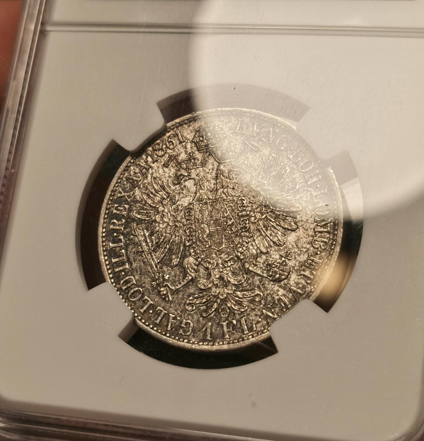 甄臻铺-世界币章拍卖（第30期），送拍享返佣金等优惠多多 NGC -MS63 1861年奥地利帝国弗朗茨一世1福林