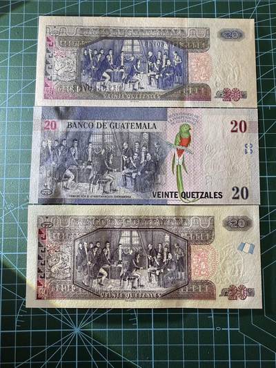 【炜奕收藏】，第四十二期 三张不同危地马拉20格查尔，UNC品相，包含一张无47和一张纪念钞