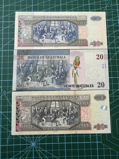 【炜奕收藏】，第四十二期 三张不同危地马拉20格查尔，UNC品相，包含一张无47和一张纪念钞