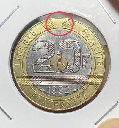 2025年第八十一场(总第一百零七场）外国好品散币(免佣金) - 法国🇫🇷1992年20法郎(Open V–开口V版，五段分段边齿)