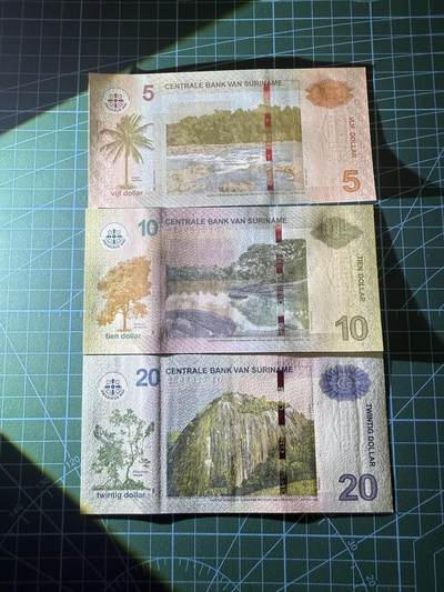 【炜奕收藏】，第四十二期 苏里南5-20元，UNC-/UNC品相，有车轮印