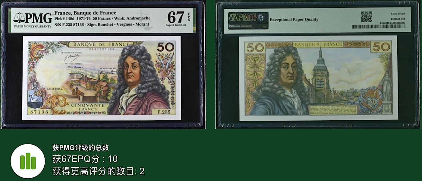 《艾美收藏》第209期-8.24周日外币黄金场 法国50法郎 PMG67E 1973年 法国剧作家让·拉辛 无4亚军分