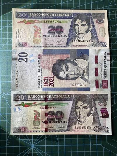 【炜奕收藏】，第四十二期 三张不同危地马拉20格查尔，UNC品相，包含一张无47和一张纪念钞