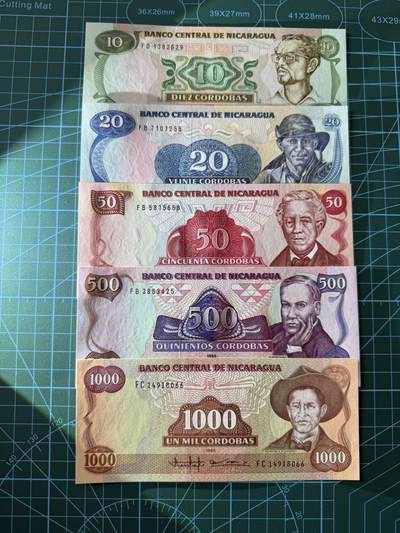 【炜奕收藏】，第四十二期 尼加拉瓜10-1000科多巴，UNC品相，包含多张无47