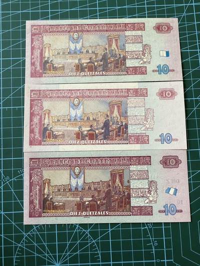【炜奕收藏】，第四十二期 三张不同年份危地马拉10格查尔，UNC品相，包含无47小雷达号