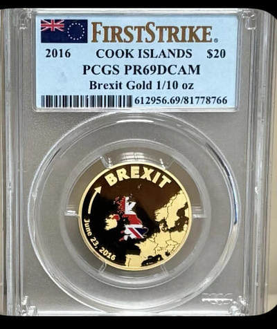 第171期拍卖【长期征集拍品】 - 库克2016年英国脱欧纪念$20金币PCGS-PR69，1/10盎司纯金