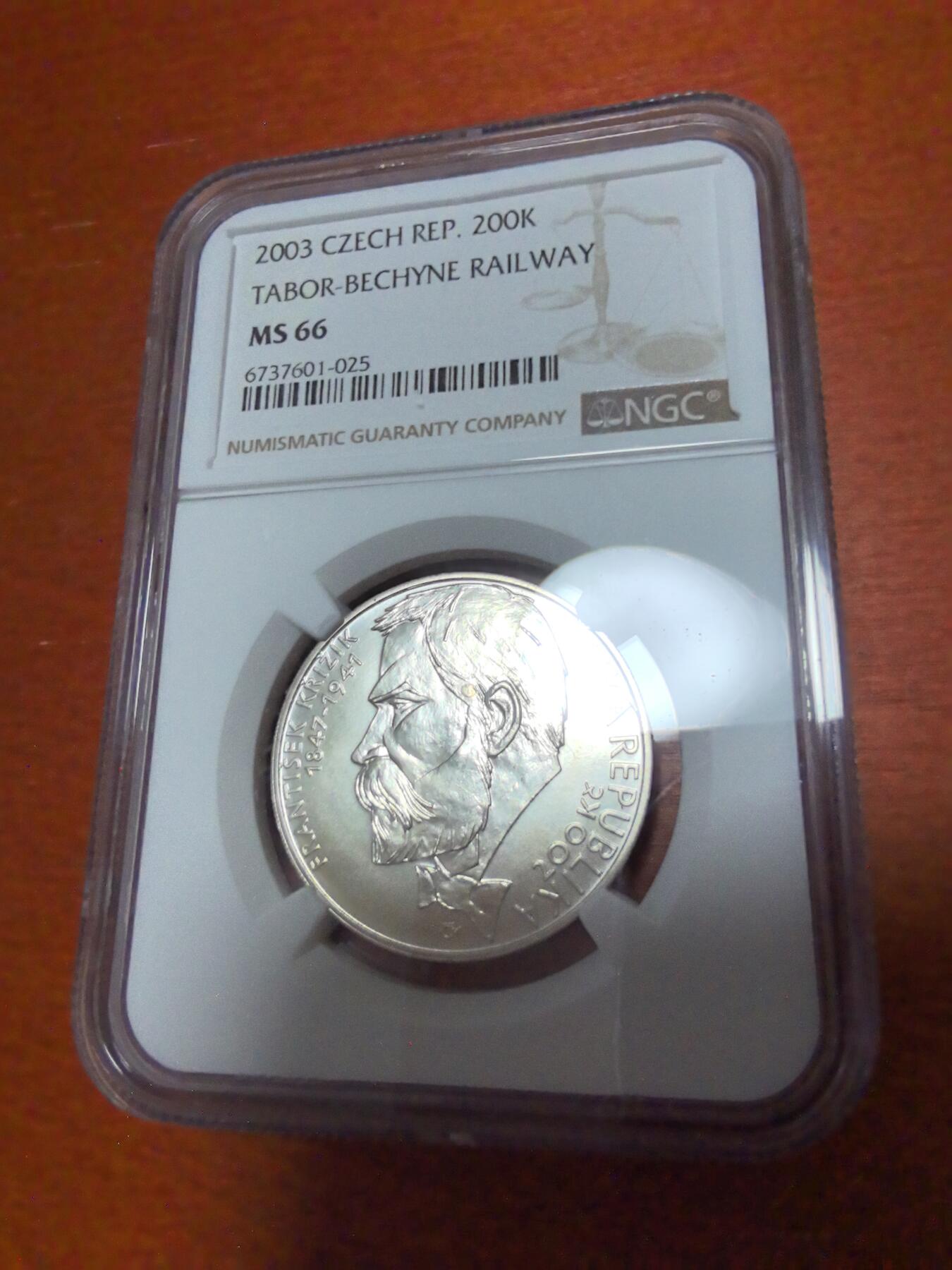 长老汇蛇年精选第四十场拍卖 2003 捷克塔伯贝辛铁路百年纪念200克朗银币，NGC MS66分，唯一冠军，10986枚，熔毁808枚