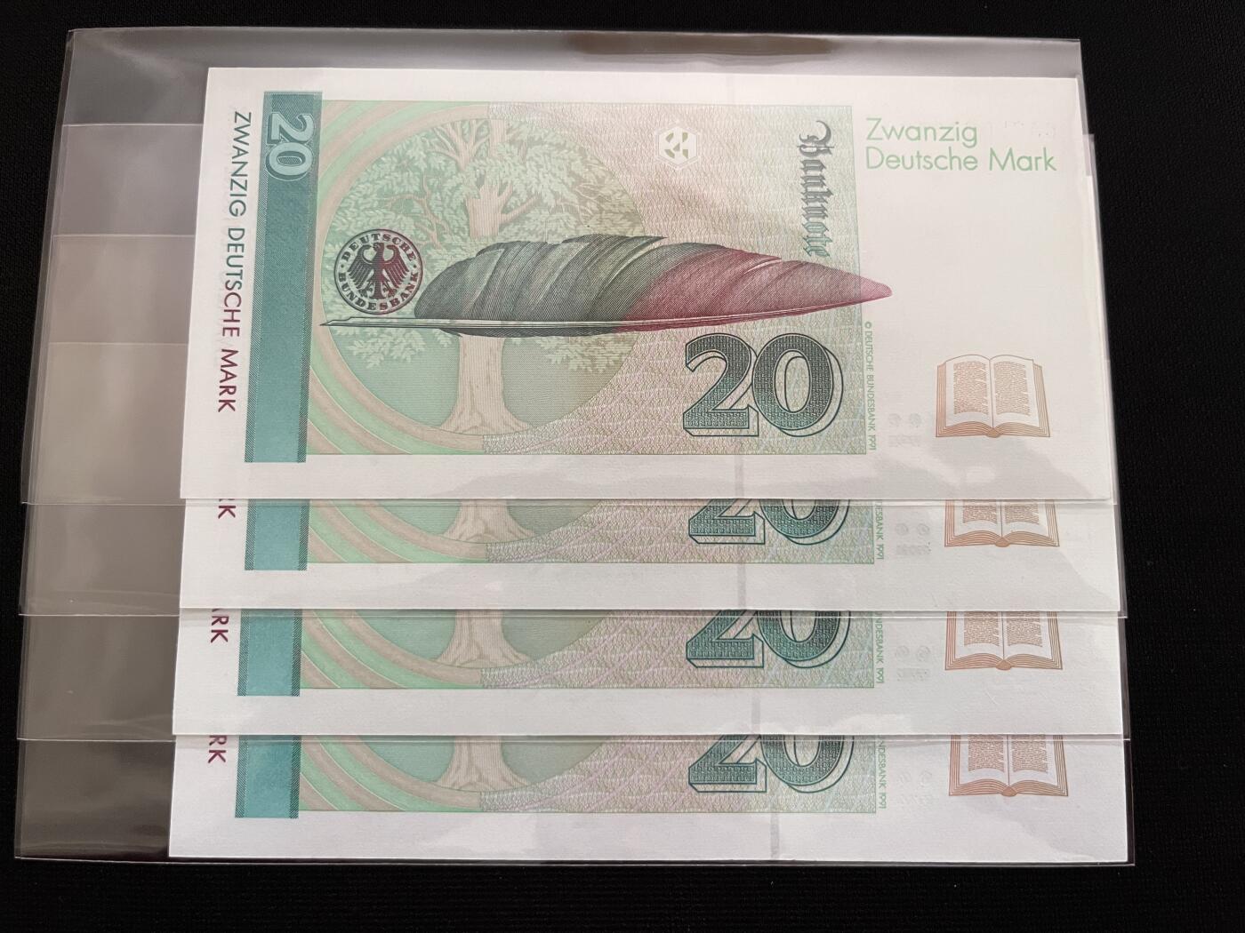 咖啡豆•收藏 2025年Aug_28th世界各国纸币拍卖 4枚 德国 1993年 20马克 全新UNC 外国纸币