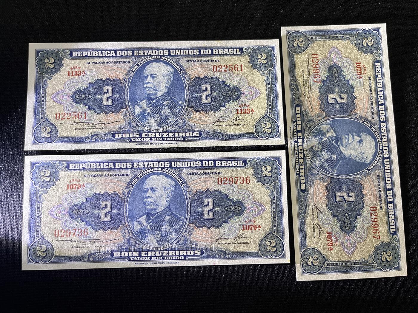 咖啡豆•收藏 2025年Aug_28th世界各国纸币拍卖 3枚 巴西 1954-58年 1克鲁塞罗 全新UNC 外国纸币