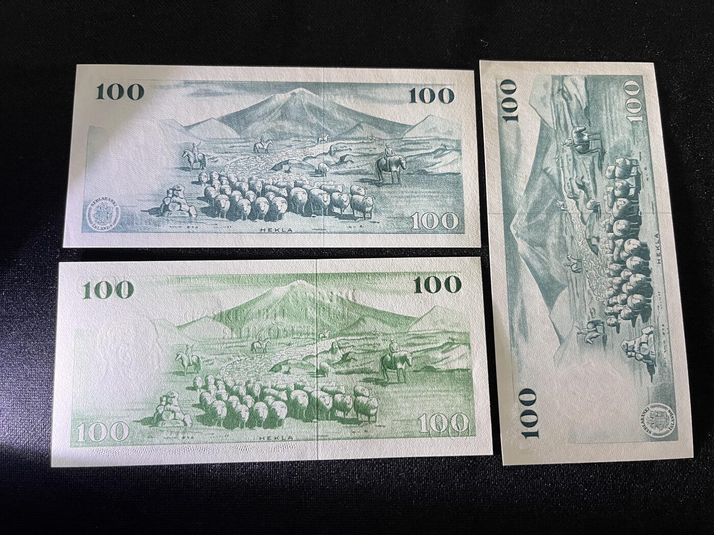 咖啡豆•收藏 2025年Aug_28th世界各国纸币拍卖 3枚 冰岛 1957-61年 100克朗 全新UNC 外国纸币