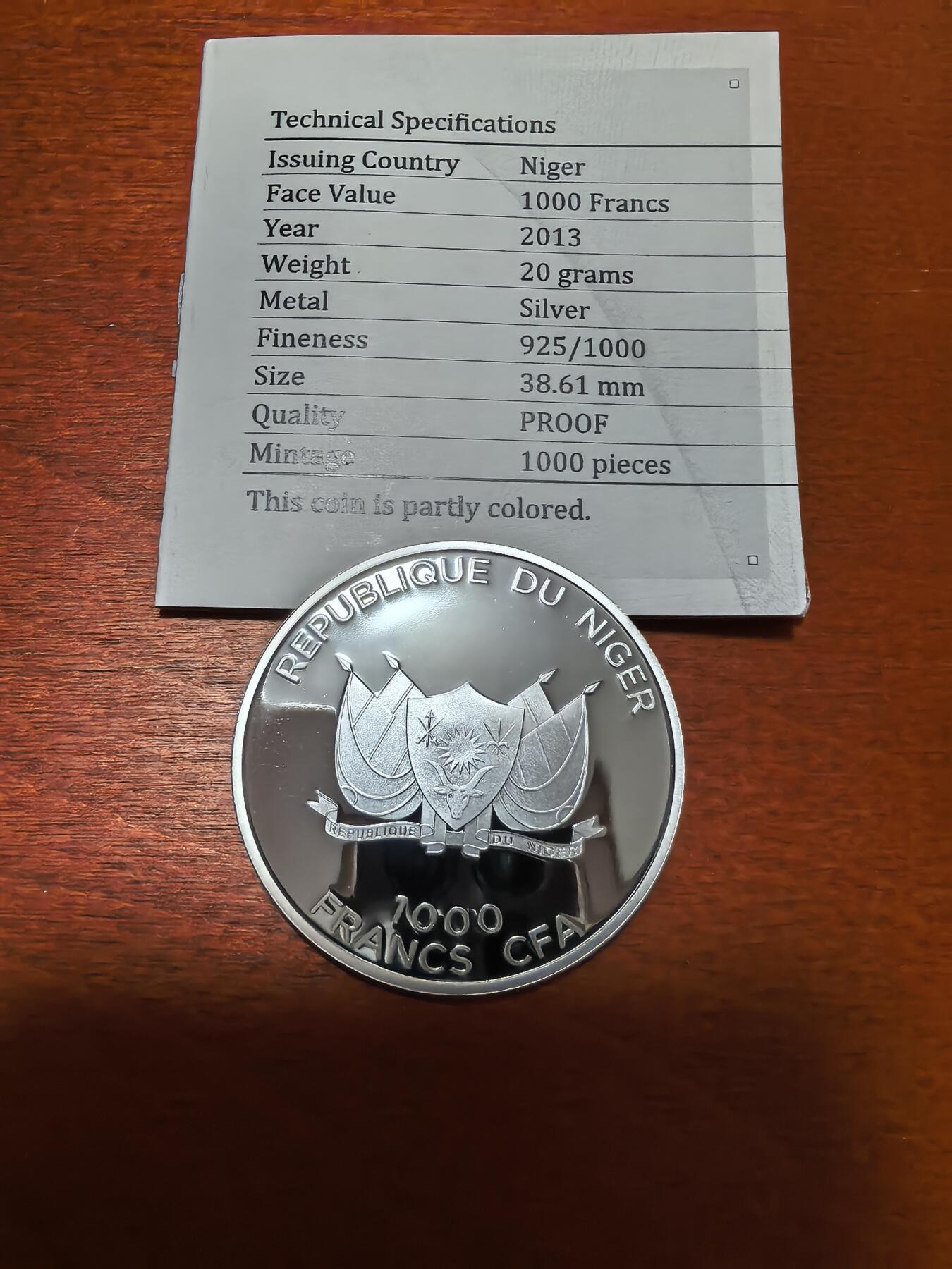 长老汇蛇年精选第四十场拍卖 2013尼日尔郊狼1000法郎彩色精制银币，带证书，1000枚