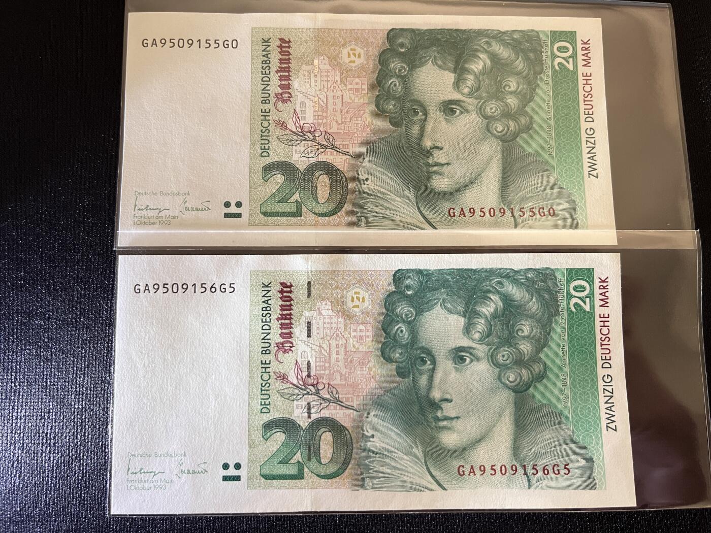 咖啡豆•收藏 2025年Aug_28th世界各国纸币拍卖 4枚 德国 1993年 20马克 全新UNC 外国纸币