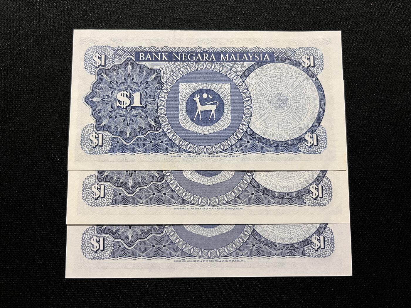 咖啡豆•收藏 2025年Aug_28th世界各国纸币拍卖 3枚 马来西亚 1972&81年 1林吉特 全新UNC 外国纸币