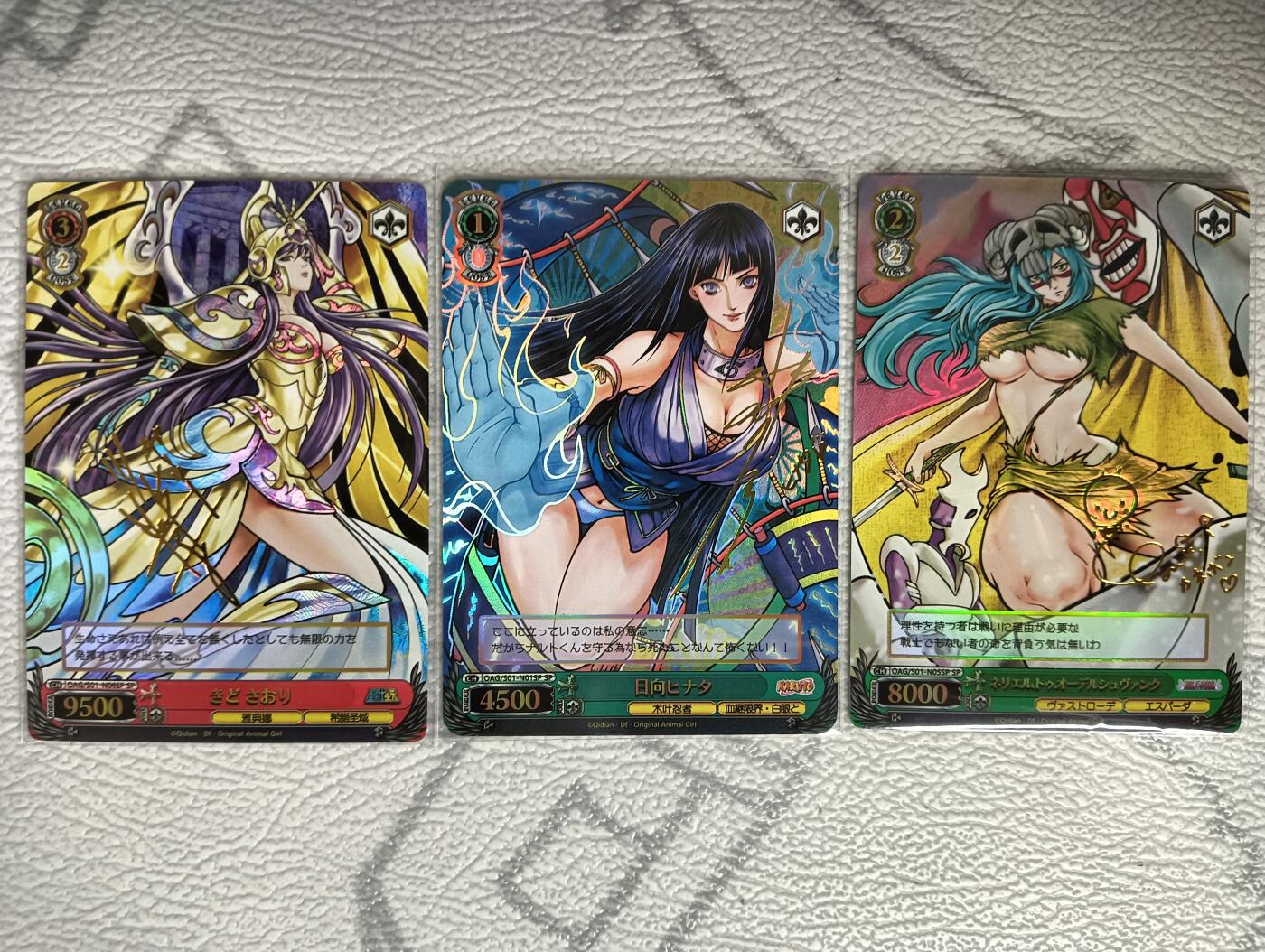 花开卡拍第35期（8月24号周日截拍，品控勿拍!!!拍品不寄存，运费5元，自制卡难免瑕疵，可能存在轻微撞角爆边等出厂瑕疵，品控介意勿拍！） 奇点卡牌 动漫女主单卡 折光彩闪 雏田+雅典娜+妮莉艾露