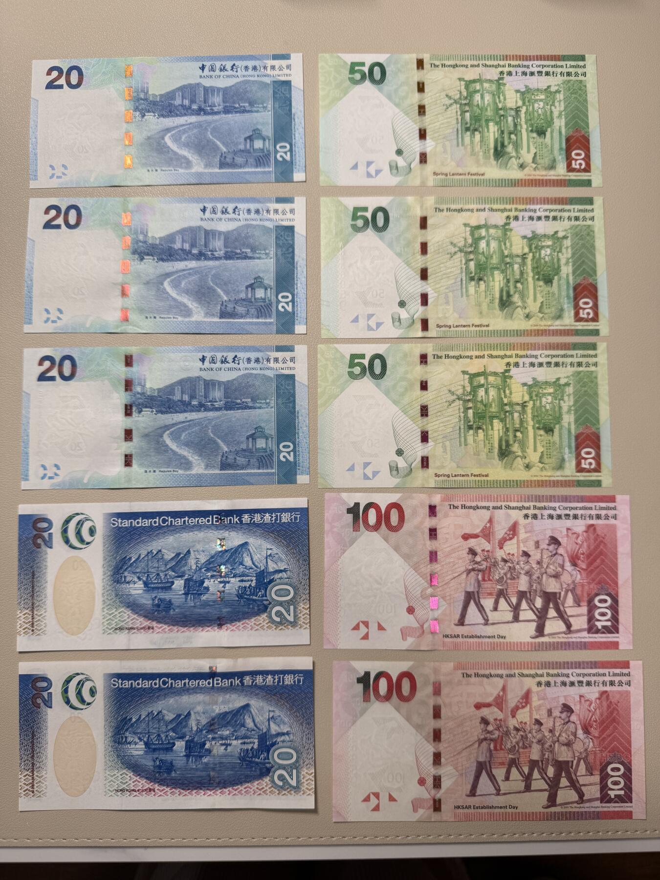【礼羽收藏】🌏世界钱币拍卖第102期 全新UNC 香港港币20 50 100共10张 大部分无47的 就3张带7无4
