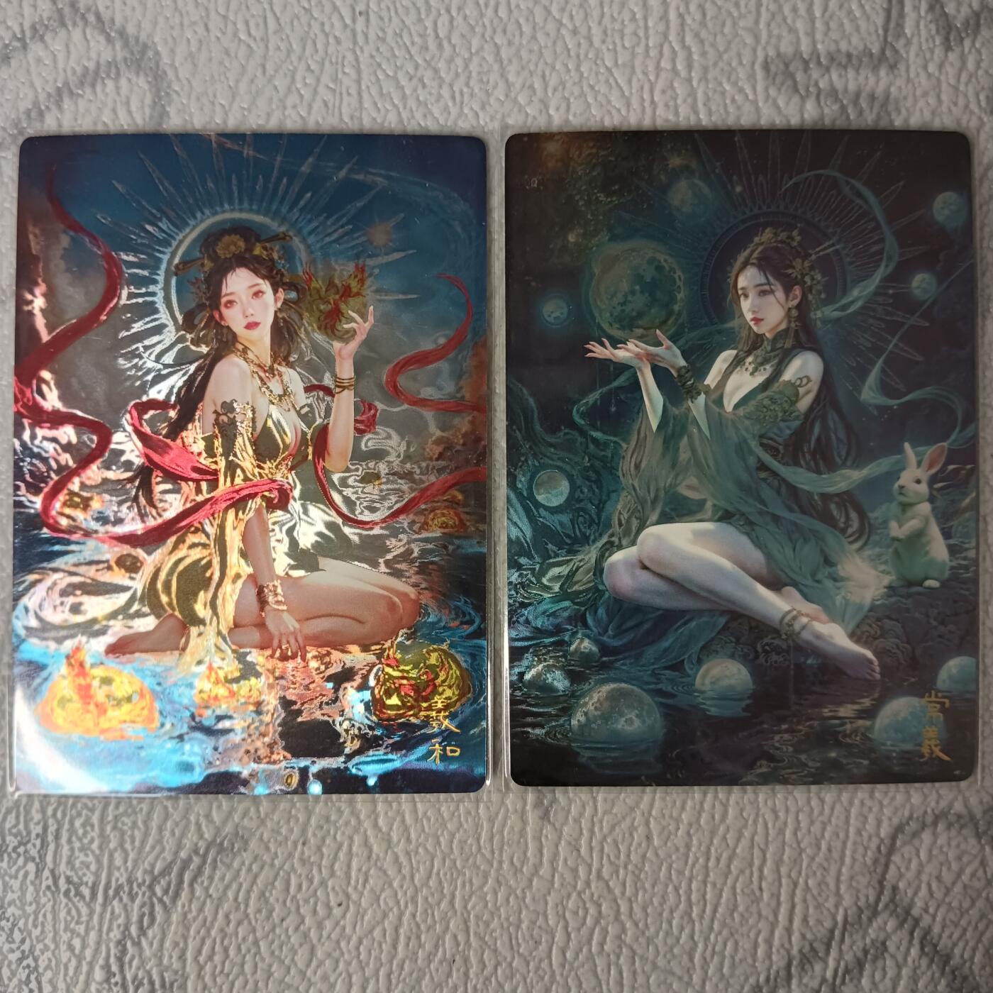 花开卡拍第35期（8月24号周日截拍，品控勿拍!!!拍品不寄存，运费5元，自制卡难免瑕疵，可能存在轻微撞角爆边等出厂瑕疵，品控介意勿拍！） 奇点，常曦羲和，光刻一对