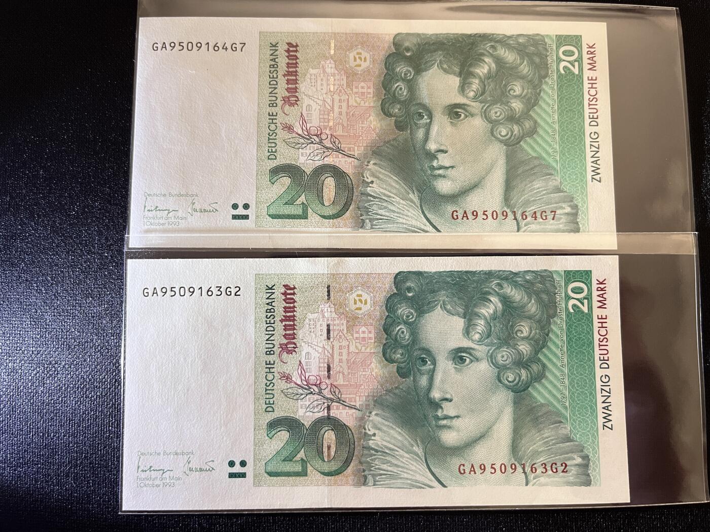 咖啡豆•收藏 2025年Aug_28th世界各国纸币拍卖 4枚 德国 1993年 20马克 全新UNC 外国纸币