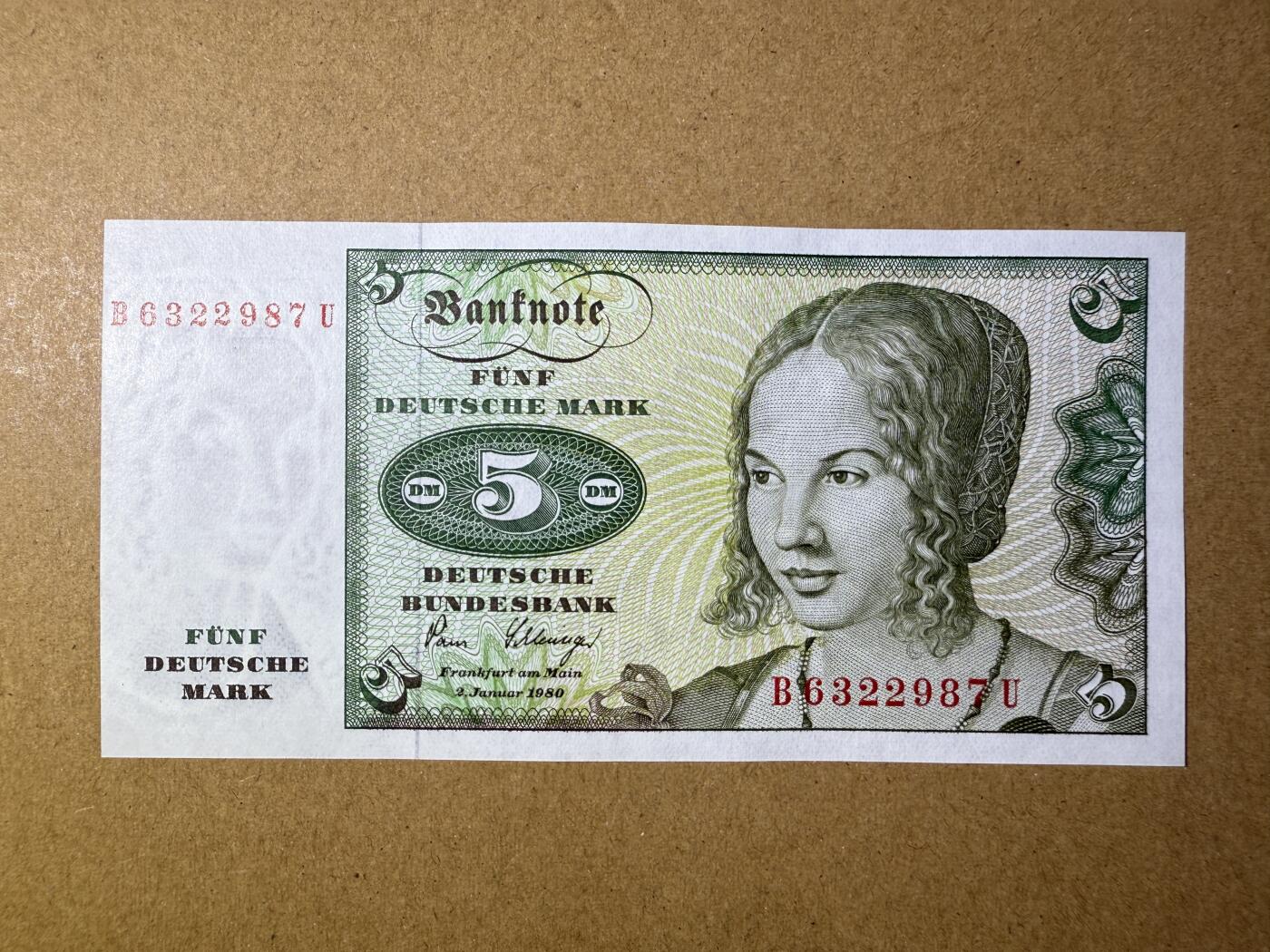 《艾美收藏》第209期-8.24周日外币黄金场 德国5马克 UNC 1980年 无4