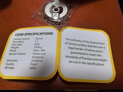 长老汇蛇年精选第三十九场拍卖 2022萨摩亚福禄寿喜之福1元精制中孔银币，全息，6666枚，盒内带射灯，钻石切割心形盒，盒证全