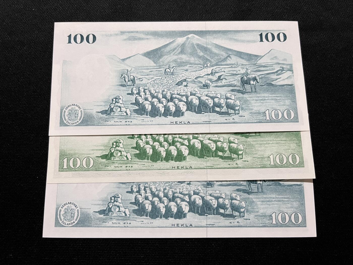 咖啡豆•收藏 2025年Aug_28th世界各国纸币拍卖 3枚 冰岛 1957-61年 100克朗 全新UNC 外国纸币