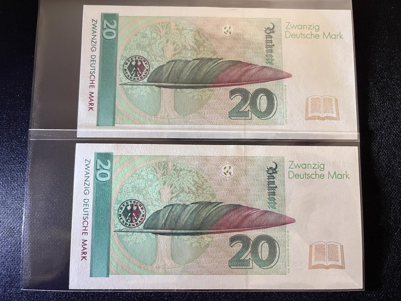 咖啡豆•收藏 2025年Aug_28th世界各国纸币拍卖 4枚 德国 1993年 20马克 全新UNC 外国纸币