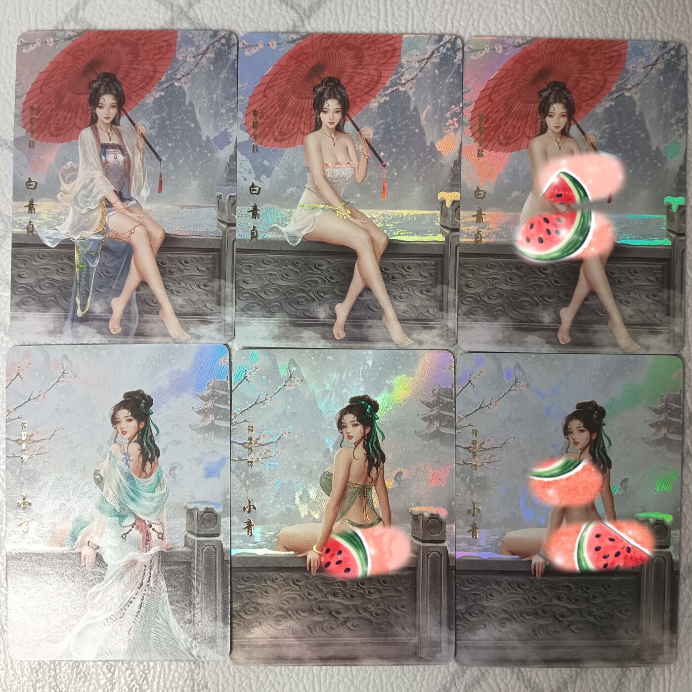 花开卡拍第35期（8月24号周日截拍，品控勿拍!!!拍品不寄存，运费5元，自制卡难免瑕疵，可能存在轻微撞角爆边等出厂瑕疵，品控介意勿拍！） 卡颜月色，月华录，白素贞小青一对六张彩闪